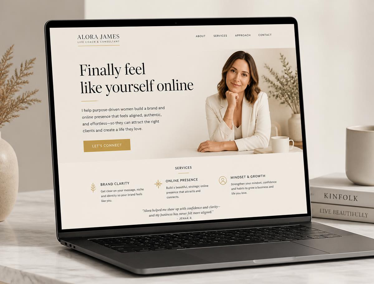 One-page website example for a life coach on a laptop screen