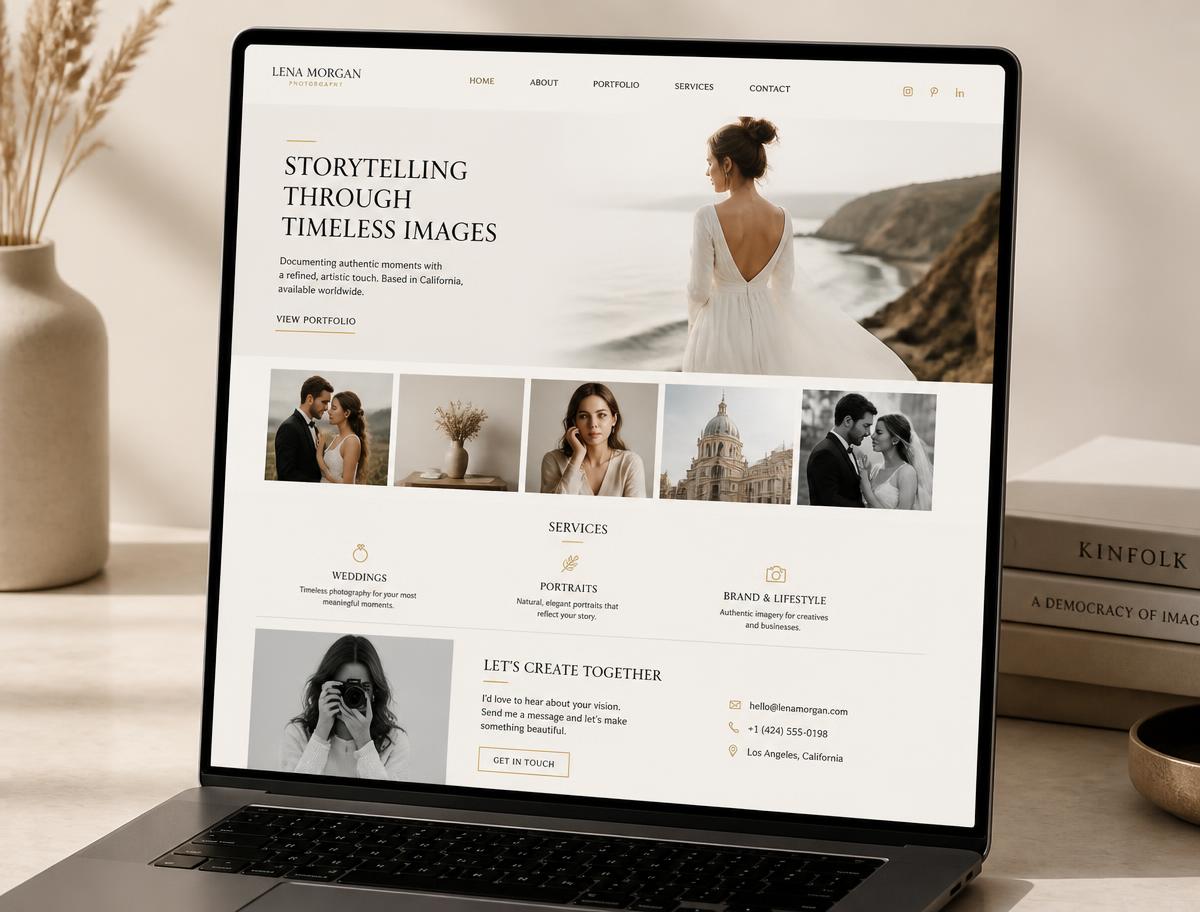 One-page website example for a photographer on a laptop screen