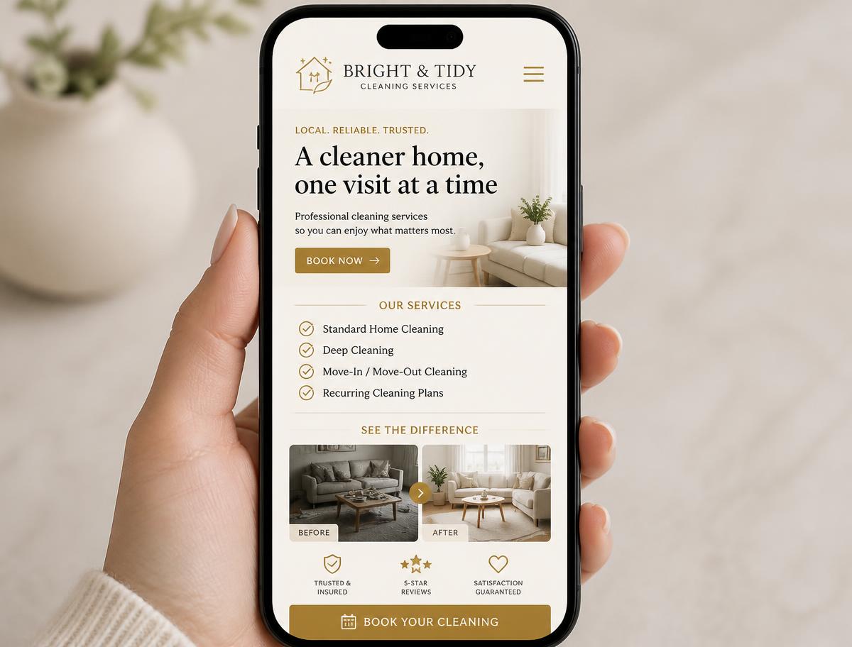 One-page website example for a cleaning service on a phone screen